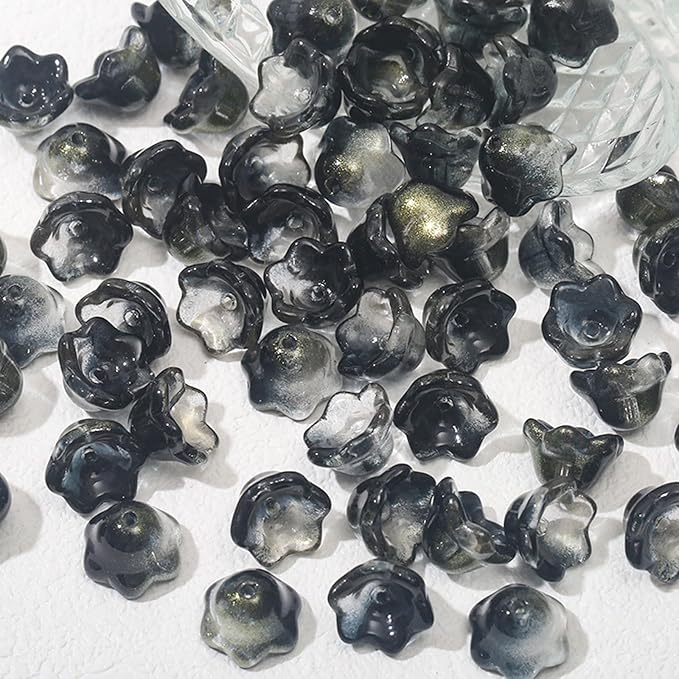 LadayPoa 100pcs Glass Bellflower Beads for Jewelry Making Trumpet Flower Beads Gradient Clear Cute Beads for Bracelets Making Aesthetic Bead Charms for DIY Necklace Decoration-Black Gold