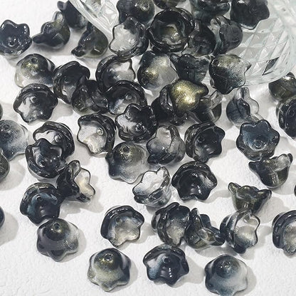 LadayPoa 100pcs Glass Bellflower Beads for Jewelry Making Trumpet Flower Beads Gradient Clear Cute Beads for Bracelets Making Aesthetic Bead Charms for DIY Necklace Decoration-Black Gold