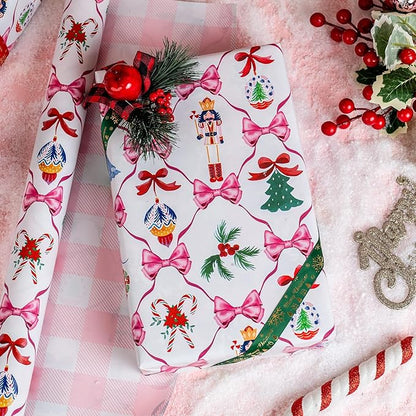 MAYPLUSS Christmas Wrapping Paper Roll - 17IN X 33FT - White Nutcracker Wrap Paper Featuring Christmas Tree Bell Bow Holly Candy Cane Reversible Plaid for Girl, Holiday, New Year