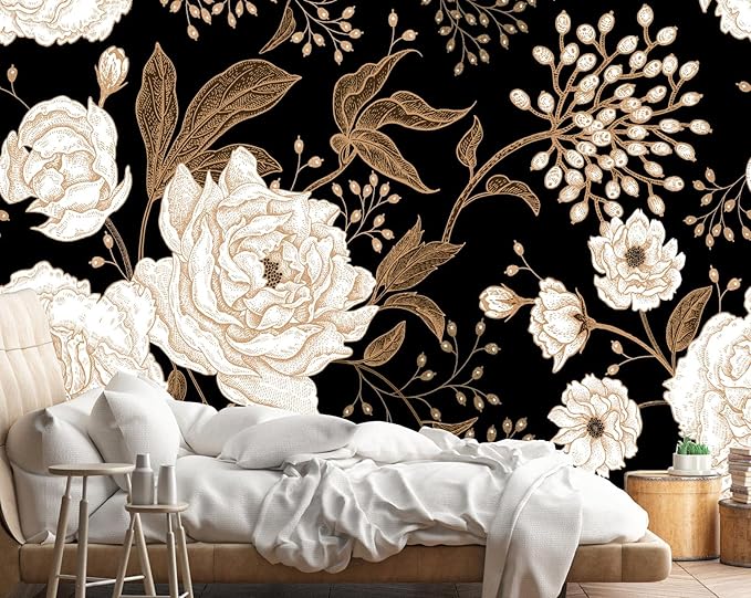 Wall Mural Peonies and Roses Floral Vintage Wallpaper Seamless Gold White Flowers Wall Coverings for Living Room Bedroom Kids Room（Not Peel and Stick）