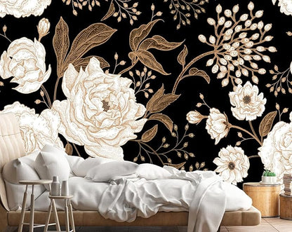 Wall Mural Peonies and Roses Floral Vintage Wallpaper Seamless Gold White Flowers Wall Coverings for Living Room Bedroom Kids Room（Not Peel and Stick）