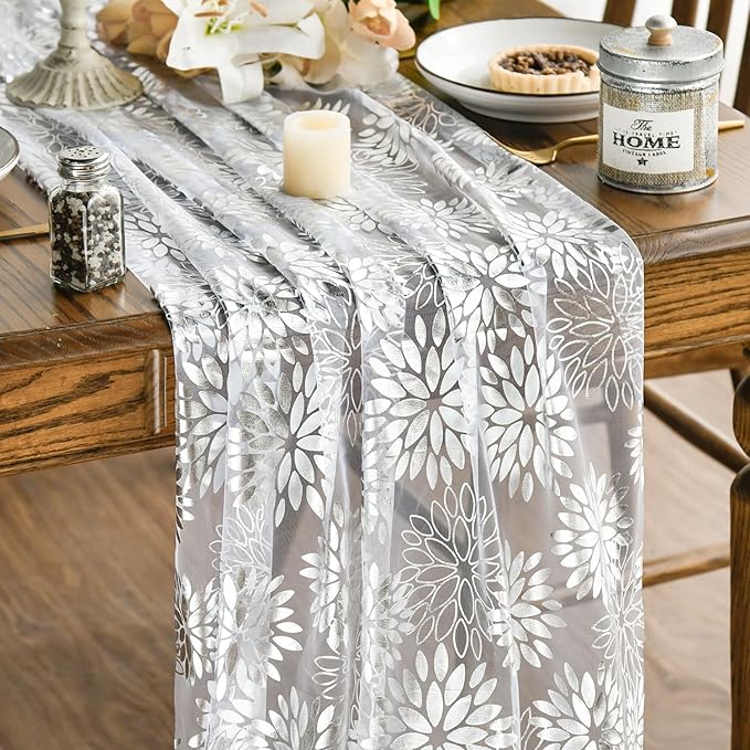 Artoid Mode 3PCS White Silver Dahlia Flower Gauze Table Runner 120 Inch 10FT, Glitter Metallic Foil Seasonal Sheer Dining Holiday Table Decor for Home Party