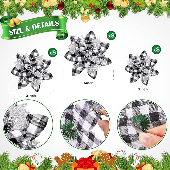24 Christmas Glitter Artificial Poinsettia Flowers Xmas Poinsettia Artificial Wedding Flowers Decorations Xmas Tree Ornaments with Clips for Party Favors, 6 Inch, 4 Inch, 3 Inch (Black White, Silver)