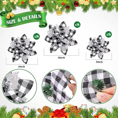 24 Christmas Glitter Artificial Poinsettia Flowers Xmas Poinsettia Artificial Wedding Flowers Decorations Xmas Tree Ornaments with Clips for Party Favors, 6 Inch, 4 Inch, 3 Inch (Black White, Silver)