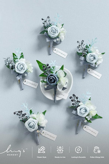 Ling's moment Boutonniere for Men, 6pcs Groom Groomsmen Boutonniere, Artificial Flowers for Wedding Decor/Prom/Homecoming, etc.Dusty Blue Light Blue