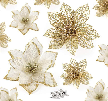 ilauke 24Pcs Gold Poinsettias Artificial Christmas Flowers, 6" Glitter Artificial Christmas Flowers with 30 Clips, for Xmas Tree Decorations Wedding Party Fireplace Stairs Decor