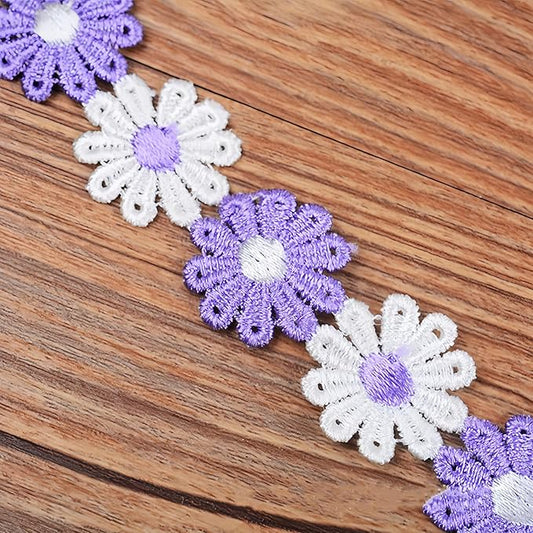 15 Yards Daisy Flower Lace Trim Embroidered Floral Lace Sewing Trim Ribbons for Embellishment Craft Dress Hair Accessories Decorations(White/Lavender)