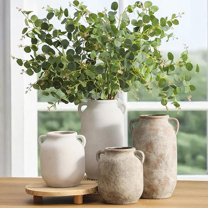 Large Flower Vase Home Decor - 12 inch Tall Ceramic Farmhouse White Rustic Table Vases with Handle Living Room Decoration Decorative Modern for Fireplace Kitchen