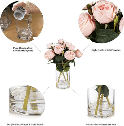 ENOVA FLORAL 9 Heads Silk Rose Artificial Flowers in Vase,Faux Rose Flowers Arrangement in Vase with Faux Water for Table Decor Centerpieces (Light Pink)