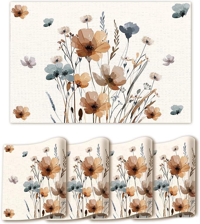 Brown Poppy Floral Placemats Set of 4, 12x18 Inch Flower Table Mats for Dining Farmhouse Kitchen Party Decor Home Decor - A03