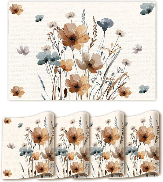 Brown Poppy Floral Placemats Set of 4, 12x18 Inch Flower Table Mats for Dining Farmhouse Kitchen Party Decor Home Decor - A03