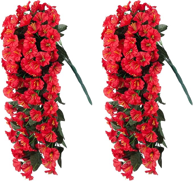 Artificial Faux Hanging Flowers Plants for Winter Christmas Outdoor Outside Decor, 2 PCS Fake Silk Red Morning Glory Long Vines UV Resistant Realistic for Home Porch Patio Balcony Planter Decoration