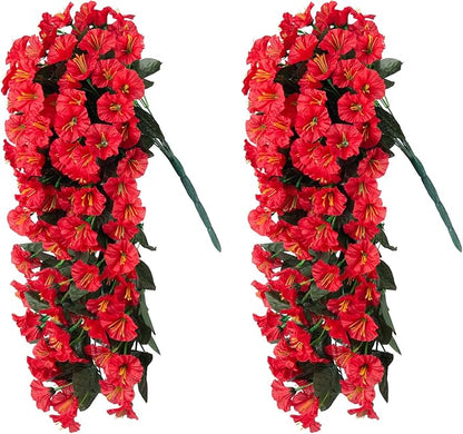 Artificial Faux Hanging Flowers Plants for Winter Christmas Outdoor Outside Decor, 2 PCS Fake Silk Red Morning Glory Long Vines UV Resistant Realistic for Home Porch Patio Balcony Planter Decoration