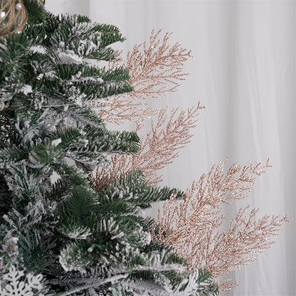 Christmas Glitter Twig 24pcs Artificial Pine Tree Picks for Christmas Tree Ornaments fillers, DIY Xmas Wreath, Crafts, Garland, Holiday, Party, Wedding and Home Decoration (Rose Gold)