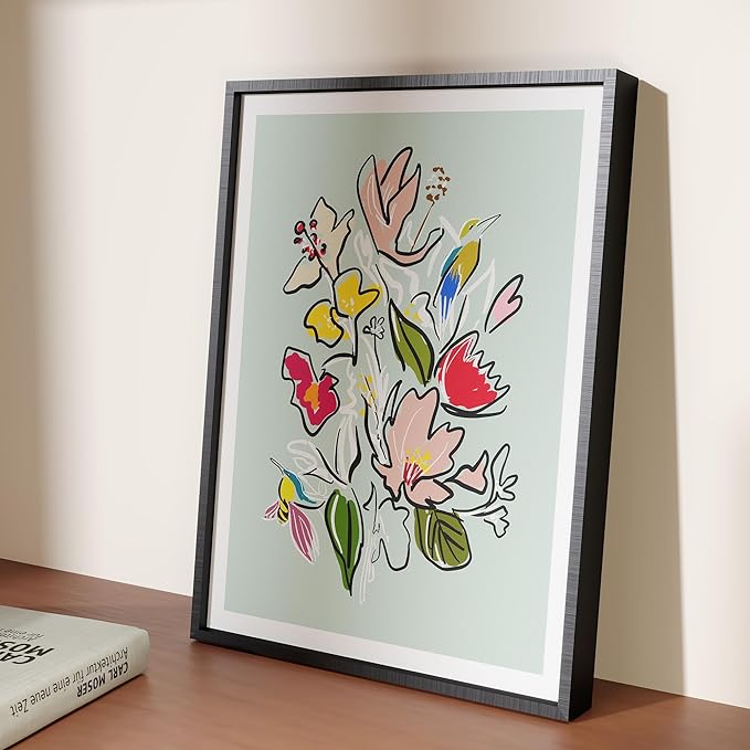 Floral Framed Wall Art for Living Room, Colorful Abstract Paintings, Botanical Poster Art, Green Flower and Bird Canvas Prints, Hummingbird Wall Decor for Bedroom Apartment Dorm Gallery, Modern floral illustration, Gifts for Friends or Family - 16" x 12"