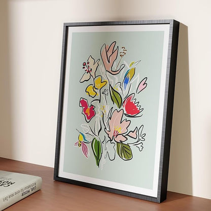 Floral Framed Wall Art for Living Room, Colorful Abstract Paintings, Botanical Poster Art, Green Flower and Bird Canvas Prints, Hummingbird Wall Decor for Bedroom Apartment Dorm Gallery, Modern floral illustration, Gifts for Friends or Family - 16" x 12"