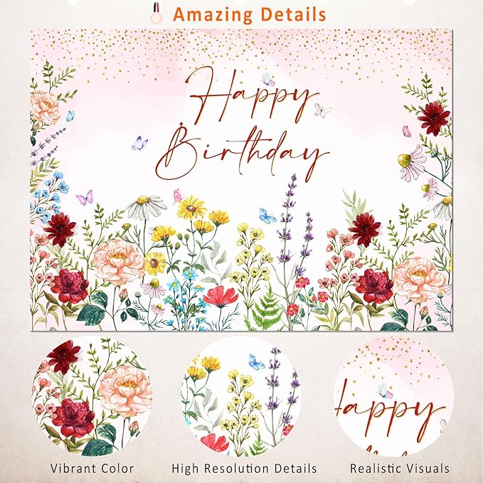Wildflower Happy Birthday Backdrop Banner Girls Floral Birthday Decorations,Spring Watercolor Wildflower Bday Background Women Girls Wild Flowers Theme 1st Birthday Party Decor Photo Booth Props 5x3ft