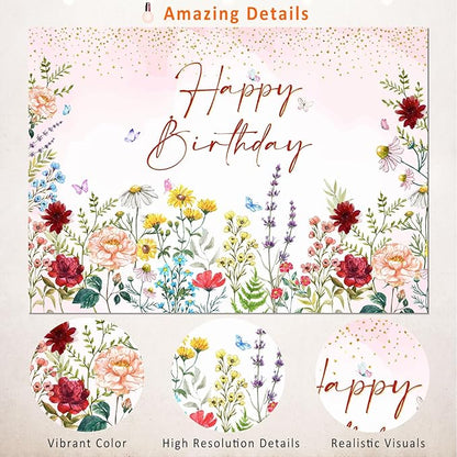 Wildflower Happy Birthday Backdrop Banner Girls Floral Birthday Decorations,Spring Watercolor Wildflower Bday Background Women Girls Wild Flowers Theme 1st Birthday Party Decor Photo Booth Props 8x6ft