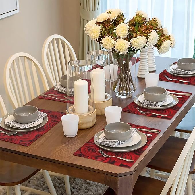 Red Rose Linen Table Placemats Set of 6 Beautiful Red Rose Placemats Home Party Kitchen Indoor Holiday Rustic Washable Heat Resistant Table Mats 12 x 18 Inch