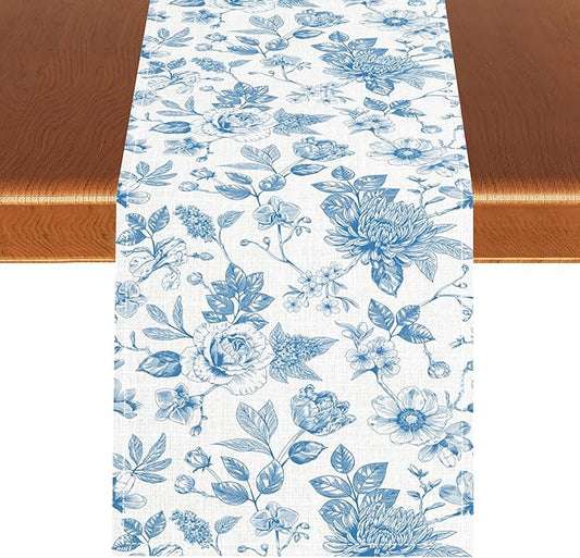 Blue Floral Table Runner, Spring Summer Sketch Wildflower Vintage Country Farmhouse Coffee Table Center Decor for Home Kitchen Dining Patio Holiday Party Table Decorations 13x108 inches