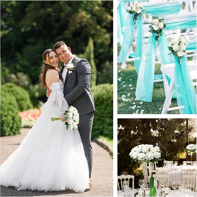 Wondrus Bulk Artificial Flowers 50 PCS, Fake Velvet Silk White Roses with Long Stems Realistic Bouquet for Wedding Centerpieces, Faux Arrangement for Home Table Decor