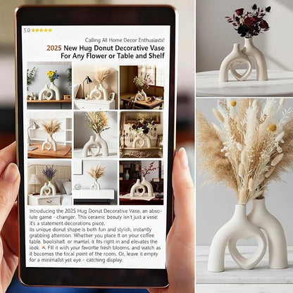 Snuggle Hollow Hug Donut Ceramic Vase, 8.3 Inch Modern Nordic Boho Style Aesthetic Decorative Flower Vases for Home Decor Pottery Barn Dining Living Room Table Shelf (Milky White)