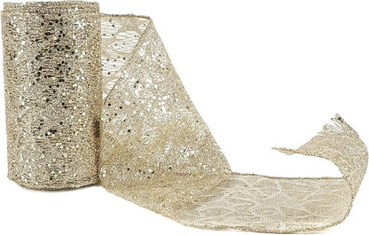MEEDEE 6 Inch Wide Wired Ribbon Champagne Gold Glitter Mesh Web Wired Edge Ribbon by 10 Yards Roll Champagne Mesh Wired Ribbons for Christmas Tree, Garland, Wreaths, Bows, Centerpiece, Gift Wrapping