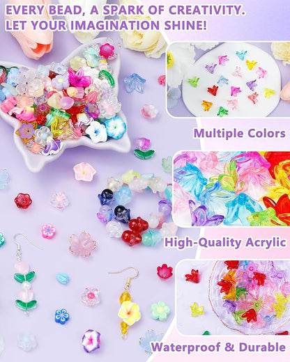 FIVEIZERO 200PCS Acrylic Lily Flower Beads, 16 Colors Trumpet Bell Floral Bead Charms for Bracelets, Necklaces & DIY Jewelry Making Crafts