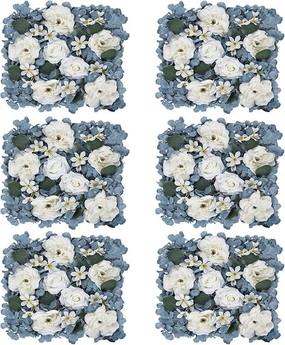 Pack of 6 Artificial Silk Flower Panels, Faux Floral Wall Background for Wedding Party Engagement Bridal Shower Arrangement Home Decorations - Dusty Blue & White