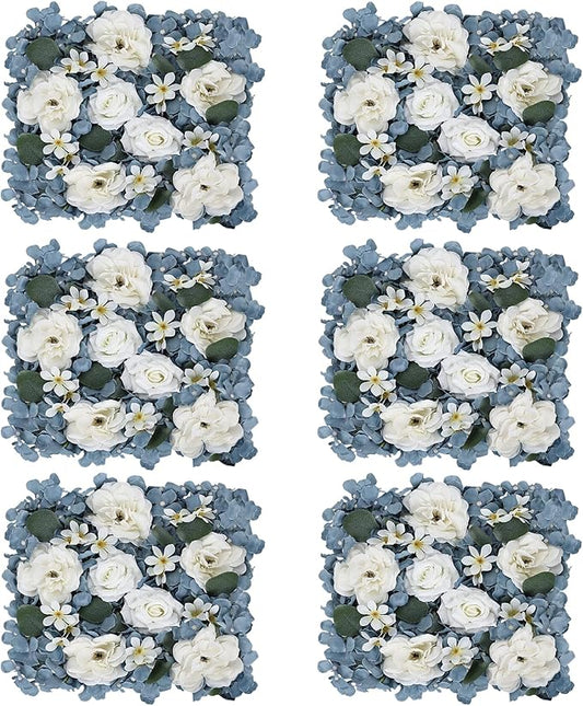 Pack of 6 Artificial Silk Flower Panels, Faux Floral Wall Background for Wedding Party Engagement Bridal Shower Arrangement Home Decorations - Dusty Blue & White