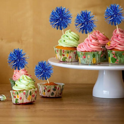 Gyufise 30Pcs Foil Firework Cupcake Toppers Sparkle Tinsel Cake Toppers Tinsel Drink Cake Decoration Cocktail Picks for Birthday Wedding Graduation Party Supplies Dark Blue
