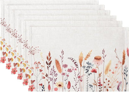 QIYI Boho Placemats Set of 6, 12x18 Inch Linen Fabric Floral Place Mats for Kitchen Dinning, Farmhouse Rustic Cloth Table Mats, Washable Placemat Party Table Décor, Autumn Wildflowers