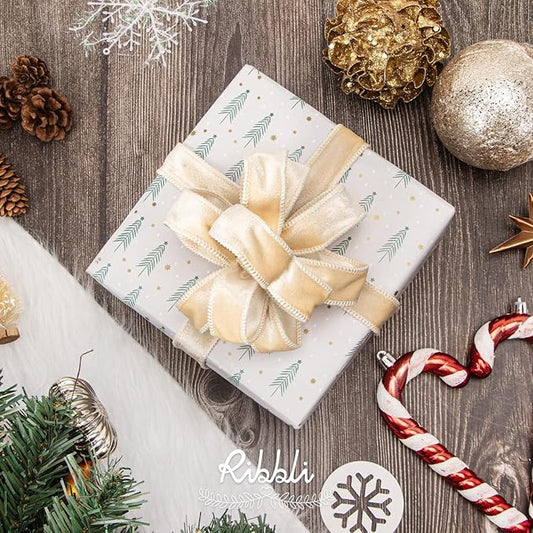 Ribbli Ivory Velvet Wired Ribbon 1 Inch Velvet with Satin Christmas Ribbon for Gift Wrapping Christmas Tree Decoration Crafts Wreaths Supplies-Continuous 10 Yards