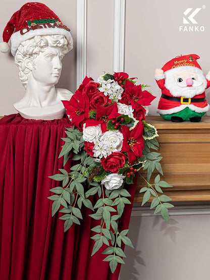 FANKO Christmas Artificial Flowers Rose: Red Poinsettias Artificial Fake Silk Red & White Rose Combo Set for DIY Tree Decor Xmas Wreath Floral Arrangements Centerpieces