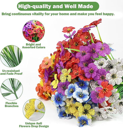 Nepfaivy Fake Outdoor Flowers Uv-Resistant - 24 Bundles 6 Colors Realistic Artificial Flowers, Plastic Faux Flowers for Outdoor Planters, Silk Fake Flowers for Outside to Decor Patio Porch Garden Yard