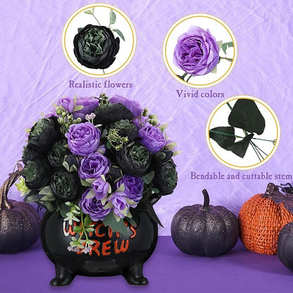 Geosar 8 Bundles Artificial Peonies Flowers Fake Silk Peony Bouquet Faux Peonies Flowers Bulk for Decoration Vase Floral Arrangements Wedding Party Table (Black,Purple)