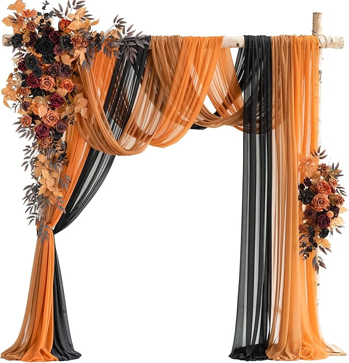 Ling's moment Wedding Arch Flowers with Sheer Drapes Kit - Artificial Black and Orange Floral Arrangements for Ceremony Backdrop, Arbor Decor, 5-Piece Set (2 Flower Stems + 3 Hanging Drapes)
