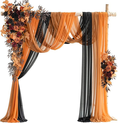 Ling's moment Wedding Arch Flowers with Sheer Drapes Kit - Artificial Black and Orange Floral Arrangements for Ceremony Backdrop, Arbor Decor, 5-Piece Set (2 Flower Stems + 3 Hanging Drapes)