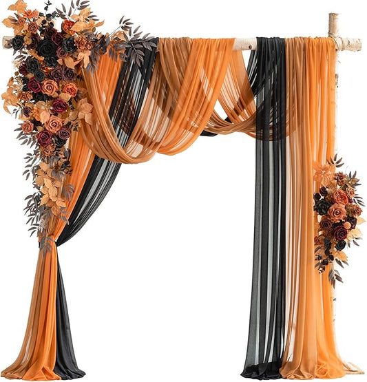 Ling's moment Wedding Arch Flowers with Sheer Drapes Kit - Artificial Black and Orange Floral Arrangements for Ceremony Backdrop, Arbor Decor, 5-Piece Set (2 Flower Stems + 3 Hanging Drapes)