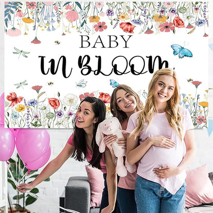 Baby in Bloom Backdrop 7x5ft, Floral Baby Shower Background for Girl, Spring Garden Theme Gender Reveal Party Decorations Banner, Wildflower Butterfly Baby Shower Photo Booth Photography