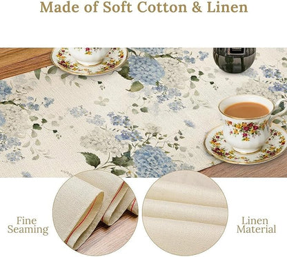 Blue Floral Table Runner, Spring Summer Watercolor Hydrangea Flower Butterfly Country Farmhouse Coffee Table Center Decor for Home Kitchen Dining Patio Holiday Party Table Decorations 13x72 inches