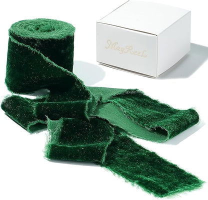 MAYREEL 2 Inch Green Velvet Ribbon Hand Torn Forest Green Silk Frayed Edge for Christmas Gift Wrapping Bridal Bouquets Invitations Wedding Vow Books Gift Baskets 3 Yards