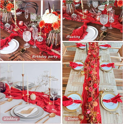 12 Pack 10Ft Cheesecloth Table Runner 35x120 Inch Boho Gauze Table Runner Rustic Cheese Cloth Long Romantic Table Runners for Wedding Bridal Shower Birthday Party Table Decor (Red)