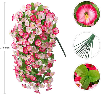 Artificial Fake Hanging Flowers Plants for Outdoor Decoration, 2PCS Faux Silk Morning Glory Long Vines Stems UV Resistant Look Real for Spring Summer Outside Home Porch Patio, Pink