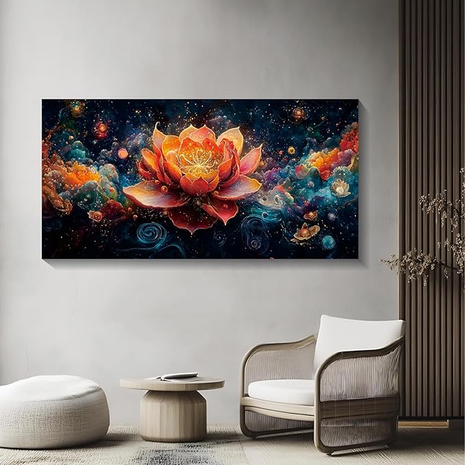 Iallbin Zen Stone Wall Art & Zen Wall Decor, Uminous Ornate Flower With Golden-Orange Petals -for Yoga Meditation Room, Spa & Bathroom, Golden Stamen Art Deco Style, Ready to Hang, 58x29 Inches