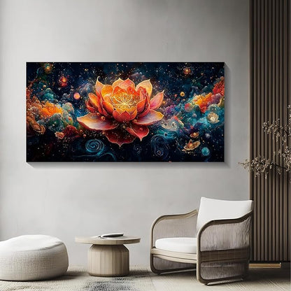 Iallbin Zen Stone Wall Art & Zen Wall Decor, Uminous Ornate Flower With Golden-Orange Petals -for Yoga Meditation Room, Spa & Bathroom, Golden Stamen Art Deco Style, Ready to Hang, 58x29 Inches