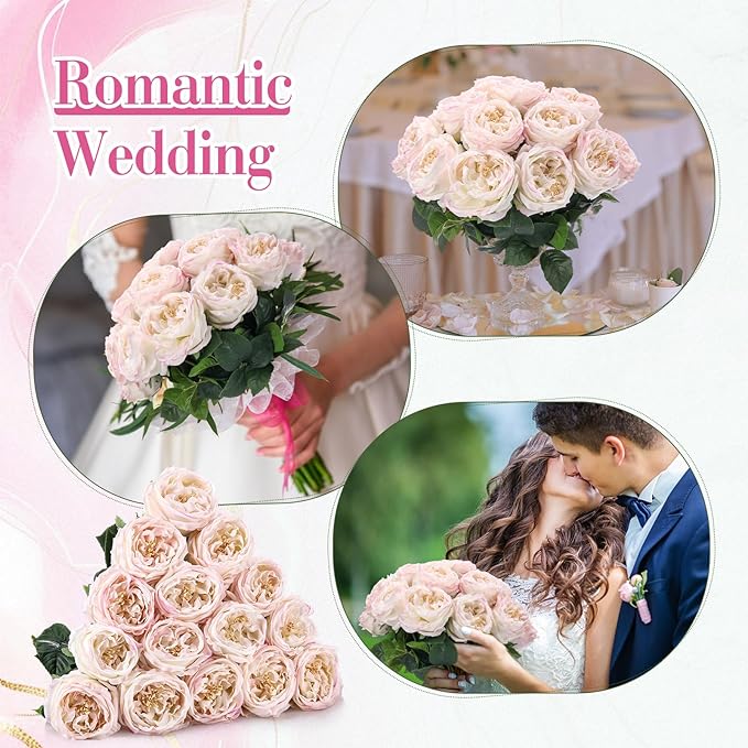 Giegxin 20 Pcs Real Touch Peonies Austin Roses Artificial Flowers, Faux Look Real Long Stems Fake Flower with Big Blooms for Christmas Valentines Wedding Party DIY Arrangement Home Decor(Light Pink)