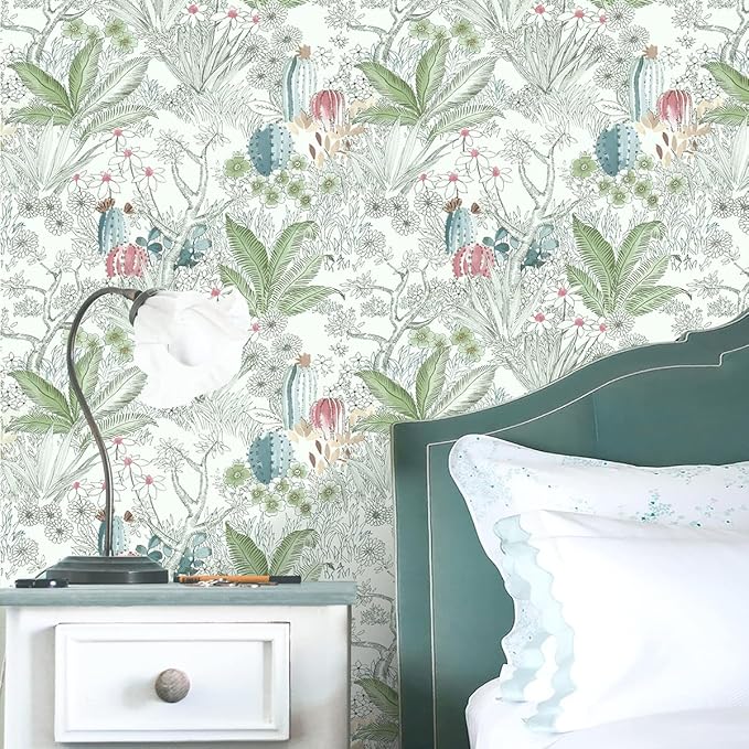 Wudnaye Boho Peel and Stick Wallpaper Catus Wallpaper 17.7" x 393.6"Vintage Floral Wallpapers Peel and Stick Botanical Removable Wall Paper Boho Self Adhesive Contact Paper for Bathroom Cabinets