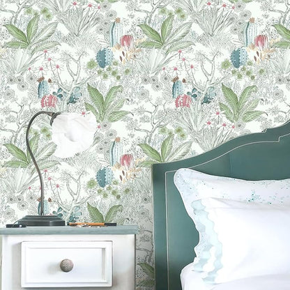 Wudnaye Boho Peel and Stick Wallpaper Catus Wallpaper 17.7" x 393.6"Vintage Floral Wallpapers Peel and Stick Botanical Removable Wall Paper Boho Self Adhesive Contact Paper for Bathroom Cabinets