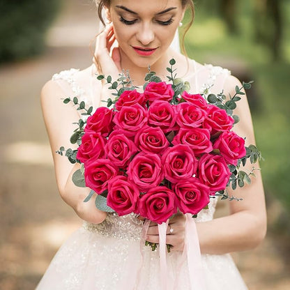20PCS Artificial Roses with Long Stems - Realistic Silk Flowers, Fake Roses Real Touch Bouquet Roses for Home Decor, Bridal Wedding Table Centerpieces, Faux Rose Flowers (Hot Pink)